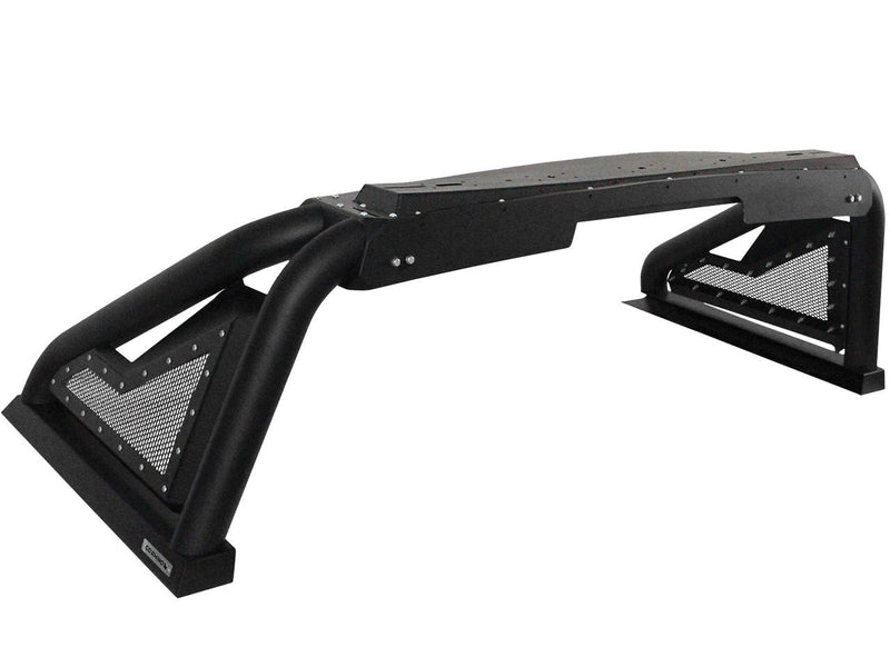 Go Rhino Sport Bar 2.0: black sport bar with mesh side panels and top light mount plate on a white background