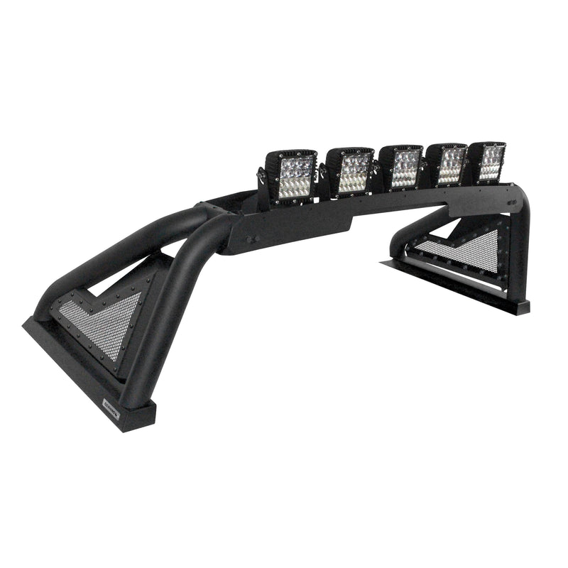 Go Rhino Sport Bar 2.0: black sport bar with mesh side panels and five cube lights on top, on white (shown with five cube lights, not included)