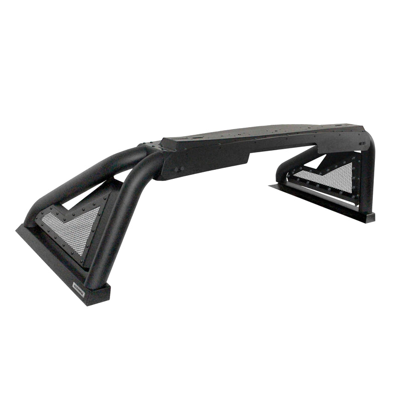 Go Rhino Sport Bar 2.0: black sport bar with mesh side panels and flat top plate on white