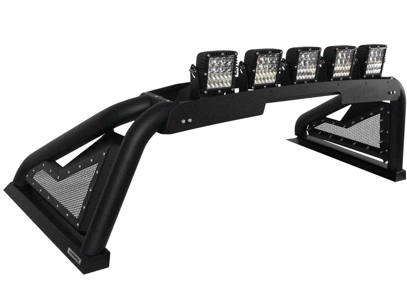 Go Rhino Sport Bar 2.0: black sport bar with mesh side panels and five LED pods on the light mount, white background (shown with aftermarket LED light pods on the light mount, not included)