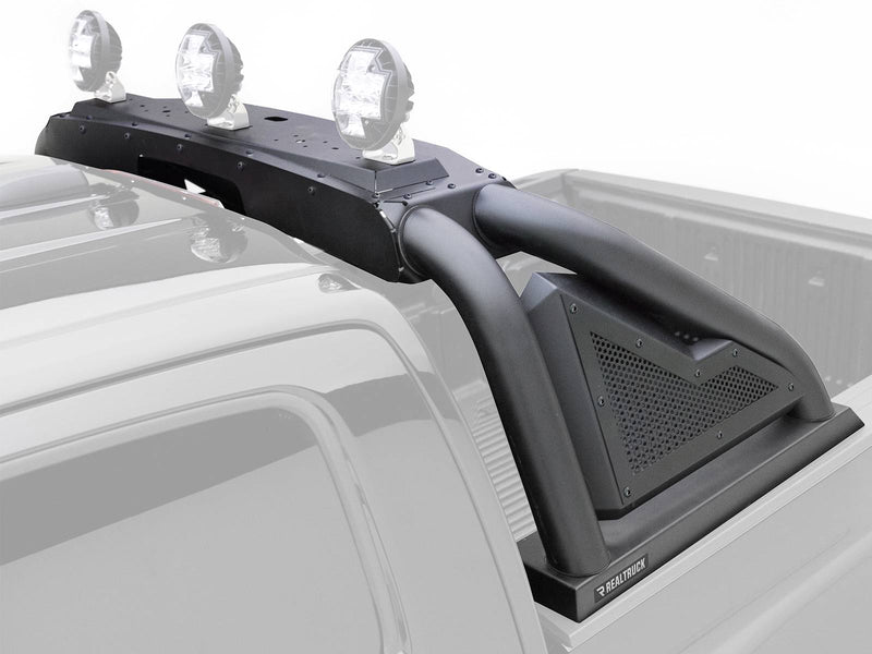 Go Rhino Sport Bar 2.0: black sport bar with three round lights installed on a faded silver pickup bed (shown with round light pods, not included)