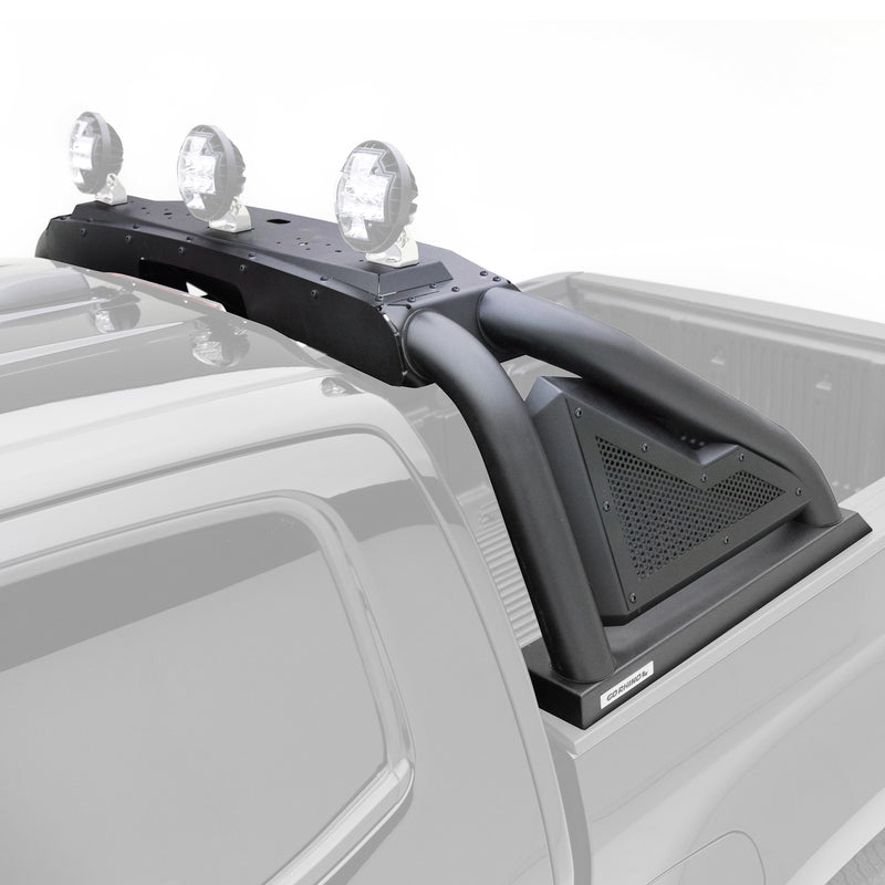 Go Rhino Sport Bar 2.0: black sport bar with three round lights over a faded gray pickup bed (shown with three round lights, not included)