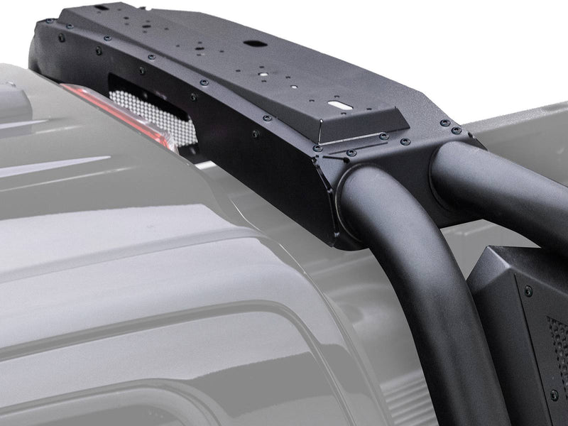 Go Rhino Sport Bar 2.0: close-up of the black sport bar top plate and tube over a faded gray truck cab