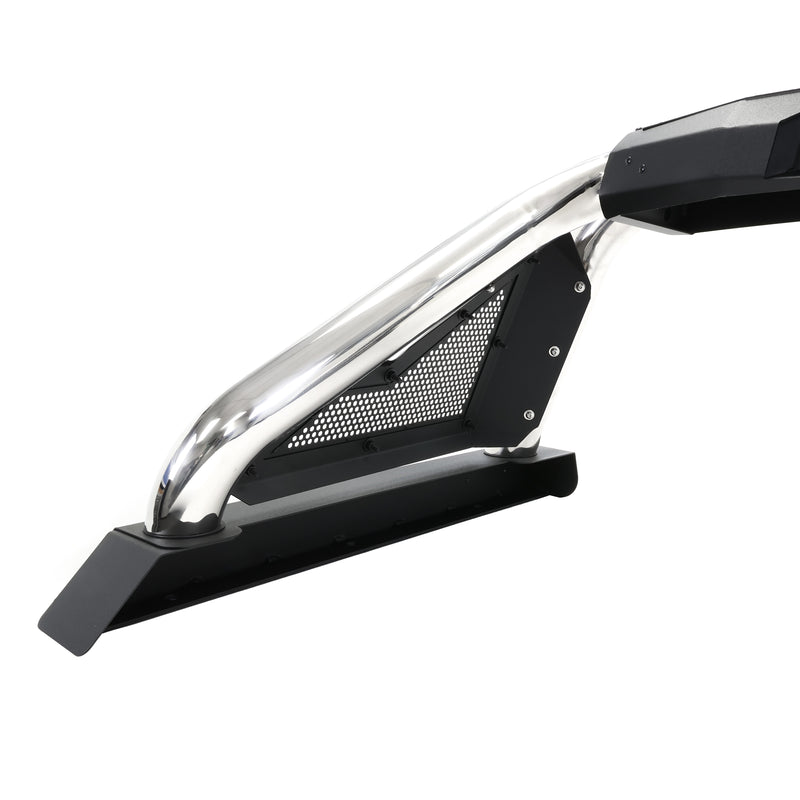 Go Rhino Sport Bar 2.0: close view of a polished stainless sport bar leg with black mesh panel and base