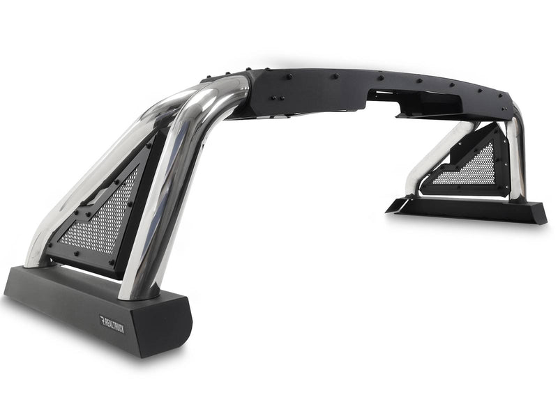 Go Rhino Sport Bar 2.0: polished stainless sport bar with black mesh side panels and black top plate on a white background (representative image of the series; the kit for this listing is made for the vehicles shown in the fitment table)