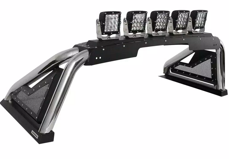 Go Rhino Sport Bar 2.0: polished stainless sport bar with black mesh side plates and five cube lights on top, on white (shown with five cube lights, not included)