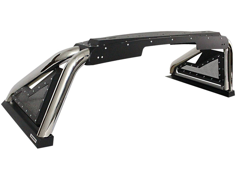 Go Rhino Sport Bar 2.0: polished stainless sport bar with black mesh side panels and black top plate on white