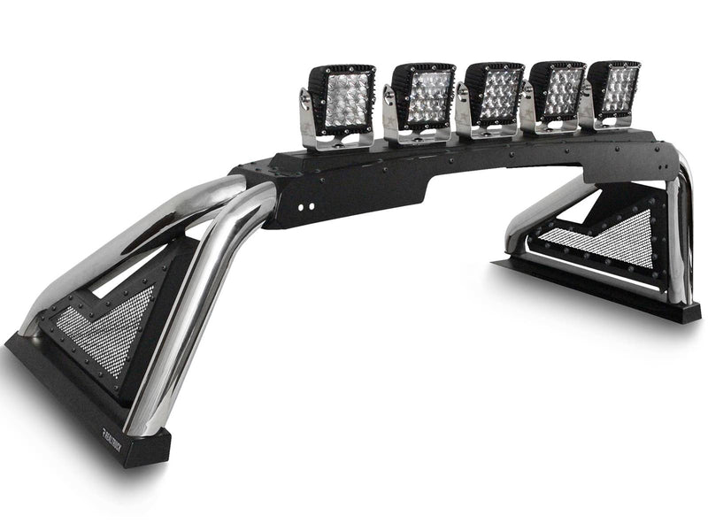 Go Rhino Sport Bar 2.0: polished stainless sport bar with black side panels and five LED pods, white background (shown with aftermarket LED light pods on the light mount, not included)