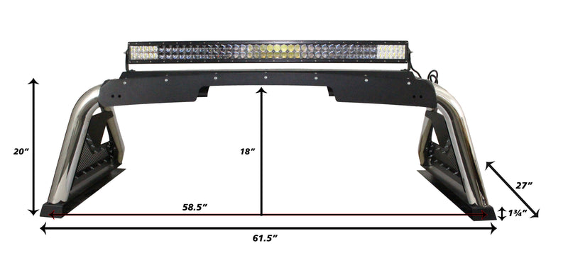 Go Rhino Sport Bar 2.0: sport bar with mounted light bar and dimension lines on white (shown with LED light bar, not included)