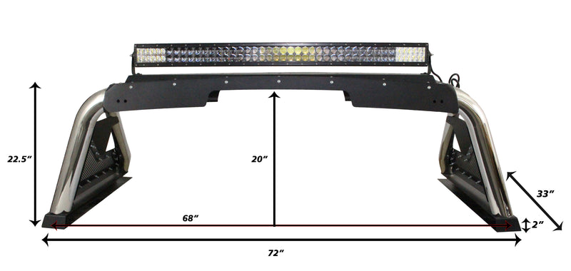 Go Rhino Sport Bar 2.0: sport bar with mounted light bar and dimension lines on white (shown with LED light bar, not included)