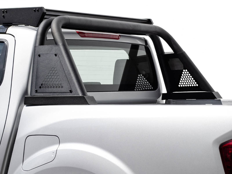 Go Rhino Sport Bar 3.0: black sport bar with hex vent side posts installed on a silver crew cab pickup bed (shown with bed rack, not included)