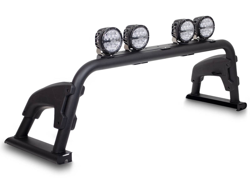 Go Rhino Sport Bar 4.0: black sport bar with four round LED lights on a white background (shown with round LED lights, not included)