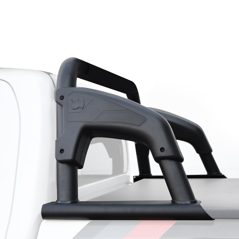 Go Rhino Sport Bar 4.0: black sport bar with molded side mounts installed over a covered white pickup bed (shown with tonneau cover, not included)