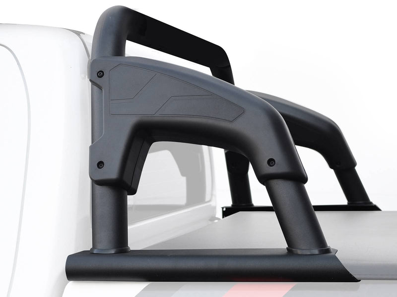 Go Rhino Sport Bar 4.0: black sport bar with sculpted side mount on a faded white pickup bed (shown with tonneau cover, not included)