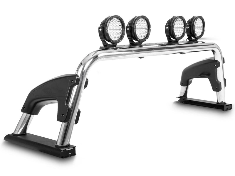 Go Rhino Sport Bar 4.0: polished stainless sport bar with black side mounts and four round LED lights on white (shown with round LED lights, not included)