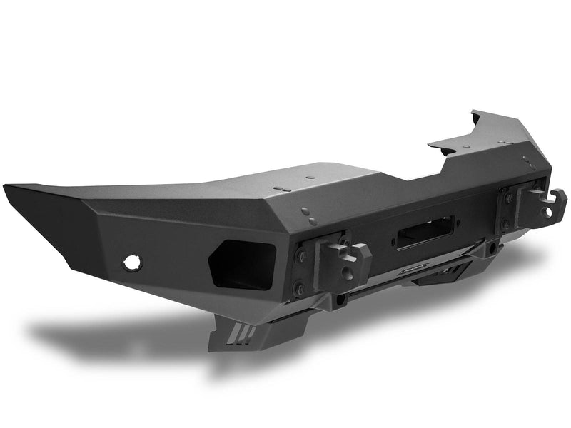 Go Rhino Trailline: black full width steel front bumper with winch opening, angled view on white