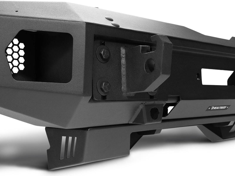 Go Rhino Trailline: close-up of a black bumper shackle mount and hex grille opening