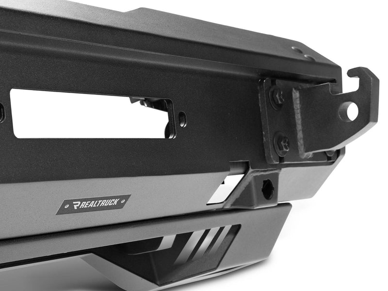 Go Rhino Trailline: close-up of a front bumper end with shackle mount and RealTruck plate
