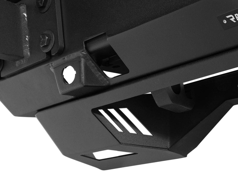 Go Rhino Trailline: close-up of a front bumper shackle mount and vented skid plate