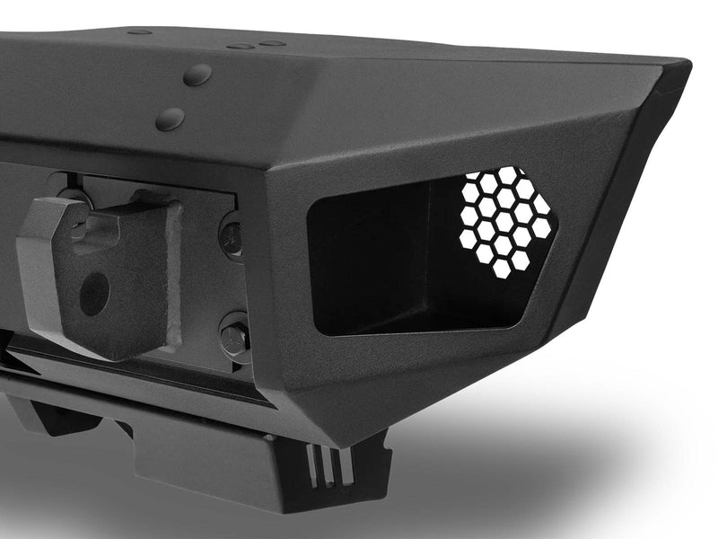 Go Rhino Trailline: close-up of the bumper corner showing the D-ring mount and honeycomb light pocket, textured black