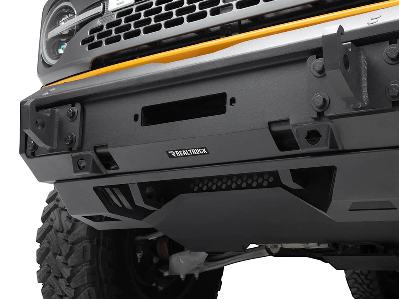 Go Rhino Trailline: close view of a full-width front bumper winch plate area and skid plate installed on a Ford Bronco