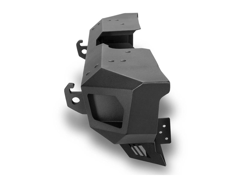 Go Rhino Trailline: end-on studio view of a stubby front bumper showing shackle mounts and skid plate