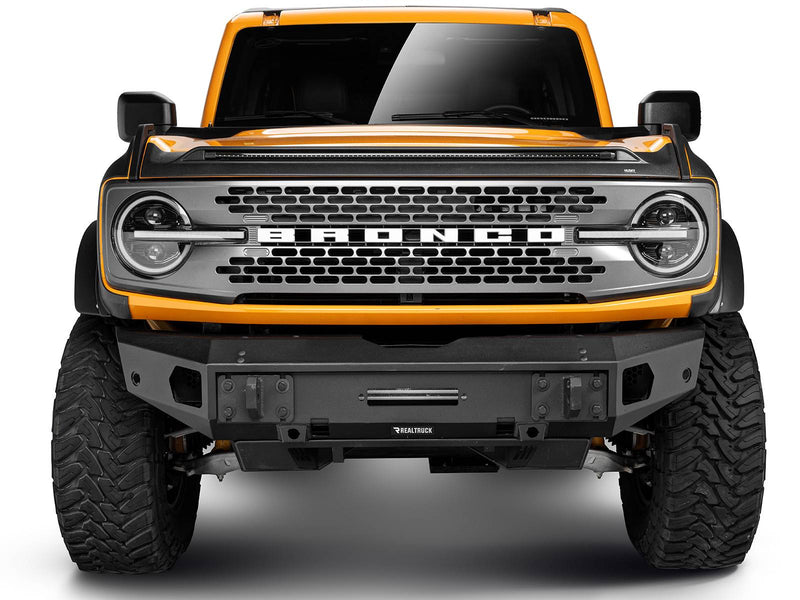 Go Rhino Trailline: front view of a Ford Bronco with a full-width front bumper and center winch opening installed