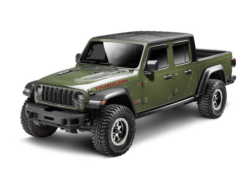 Go Rhino Trailline: green Jeep Gladiator Rubicon with a textured black stubby front bumper installed (shown with aftermarket wheels and tires, rock rails, not included)