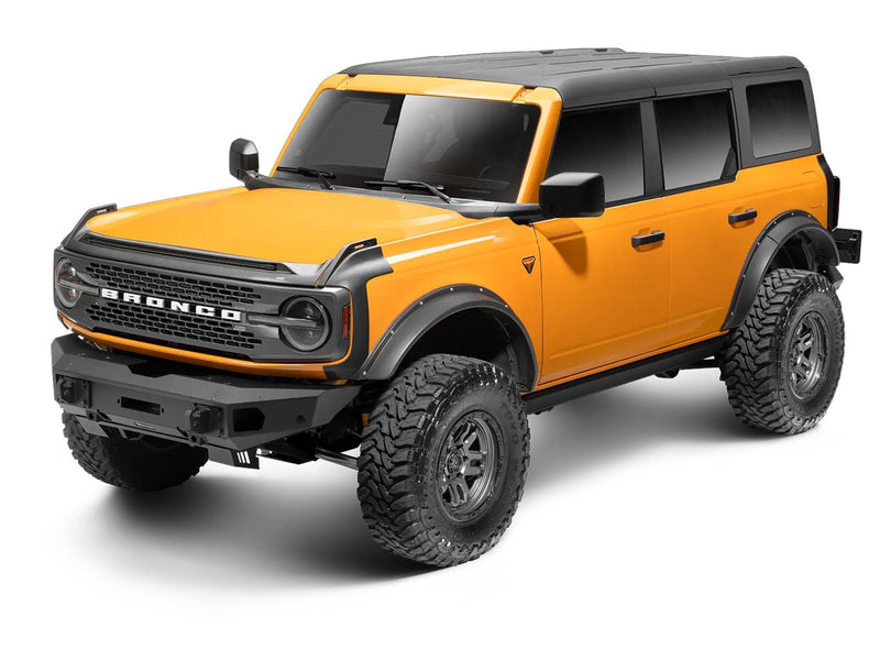 Go Rhino Trailline: orange 4-door Ford Bronco with a black full width front bumper, three quarter view on white (shown with lift kit, aftermarket wheels and tires, not included)