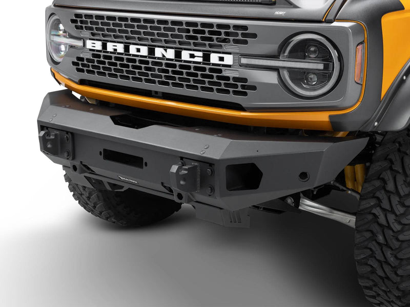 Go Rhino Trailline: three-quarter view of a full-width front bumper installed on an orange Ford Bronco