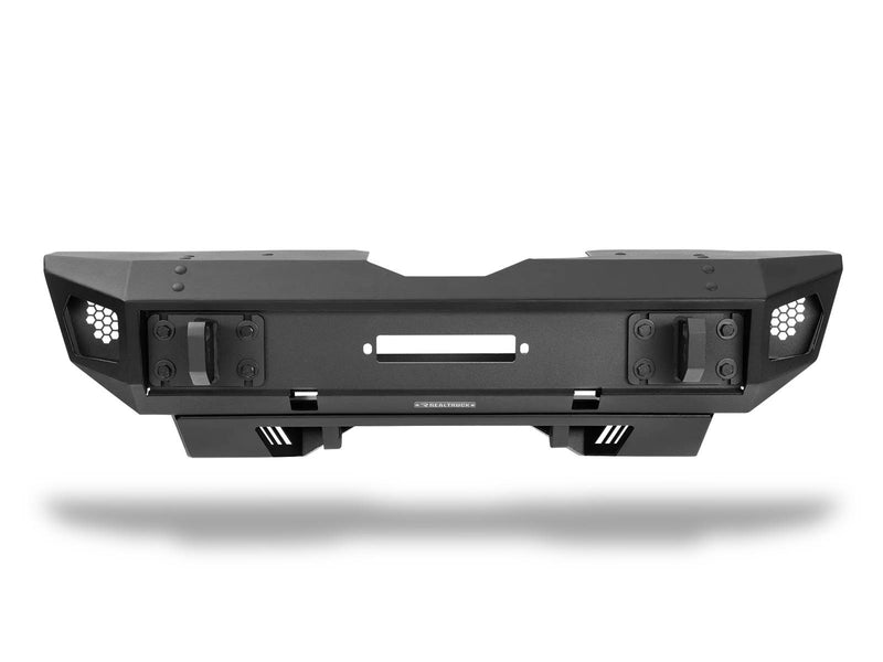 Go Rhino Trailline: trailline stubby front bumper in textured black with center winch opening and honeycomb light pockets on a white background