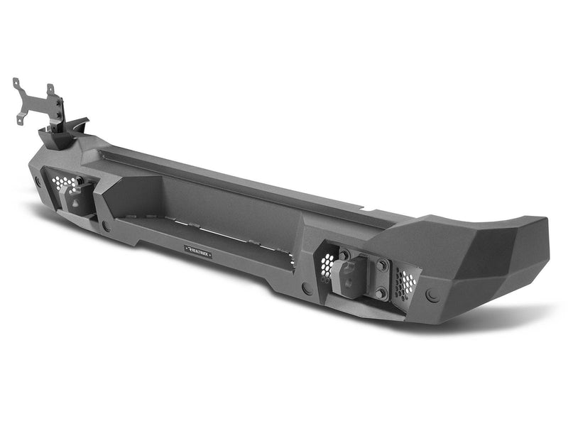 Go Rhino Trailline: full-width rear bumper with tire carrier bracket and recovery points, angled studio view