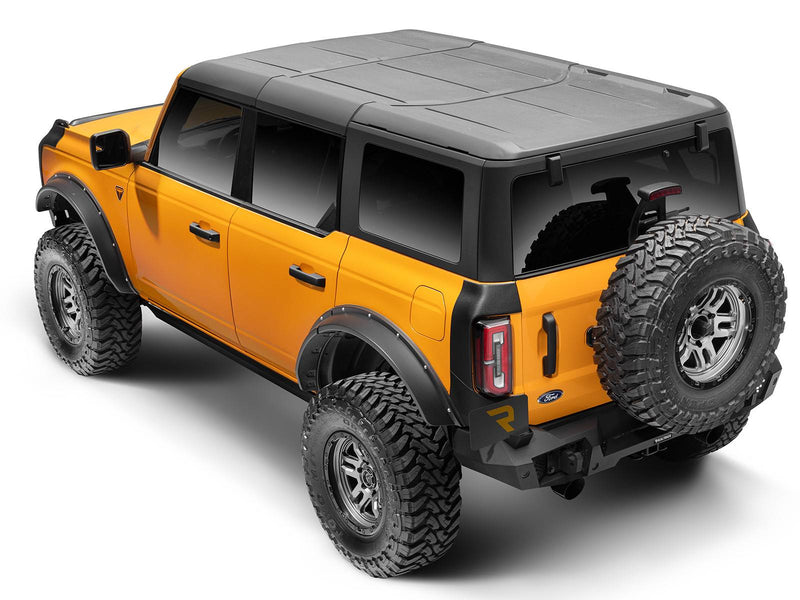 Go Rhino Trailline: rear three-quarter view of an orange four-door Ford Bronco with a full-width rear bumper (shown with spare tire, aftermarket wheels, not included)