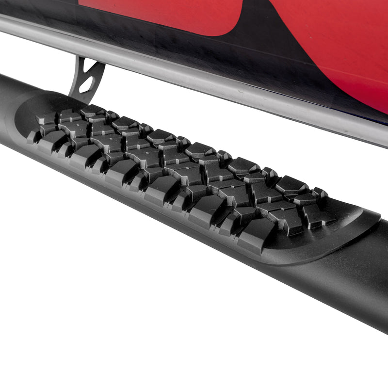 Go Rhino V-Series V3: close-up of a black side step with tire-tread pad below a vehicle rocker