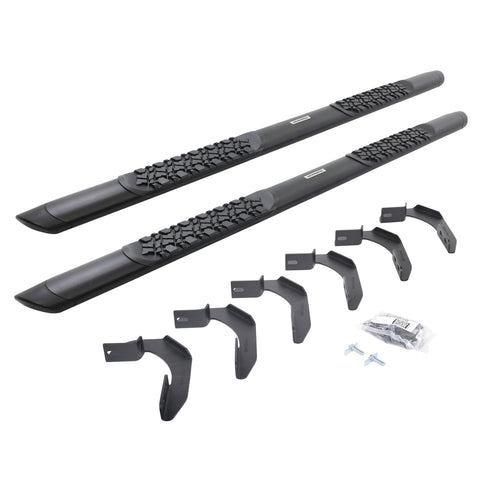 Go Rhino V-Series V3: pair of black side steps with tread pads, brackets and hardware on white (representative image of the series; the kit for this listing is made for the vehicles shown in the fitment table)