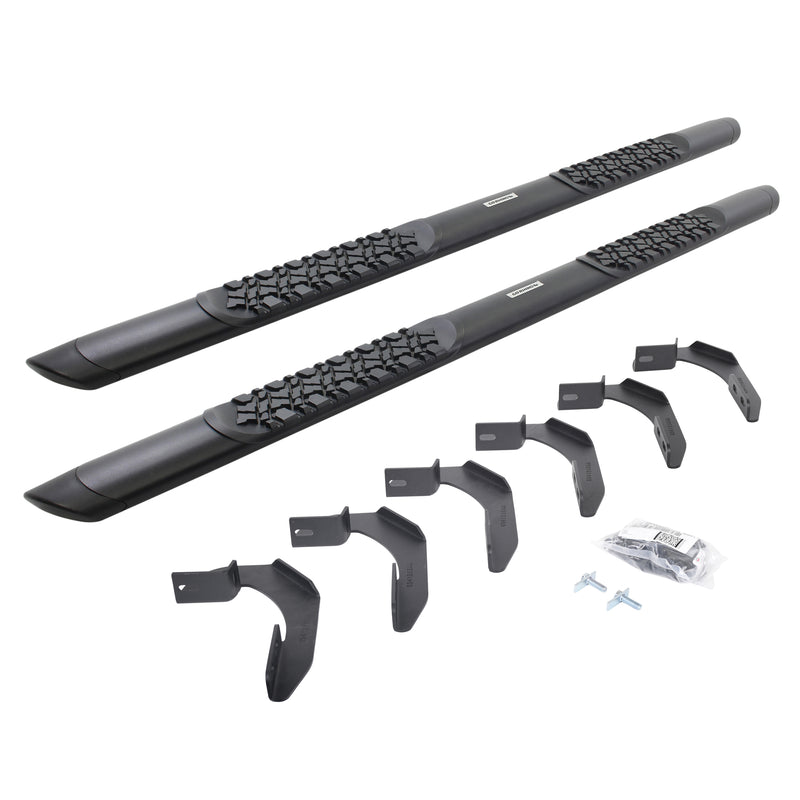 Go Rhino V-Series V3: pair of black side steps with tread pads, brackets and hardware on white (representative image of the series; the kit for this listing is made for the vehicles shown in the fitment table)
