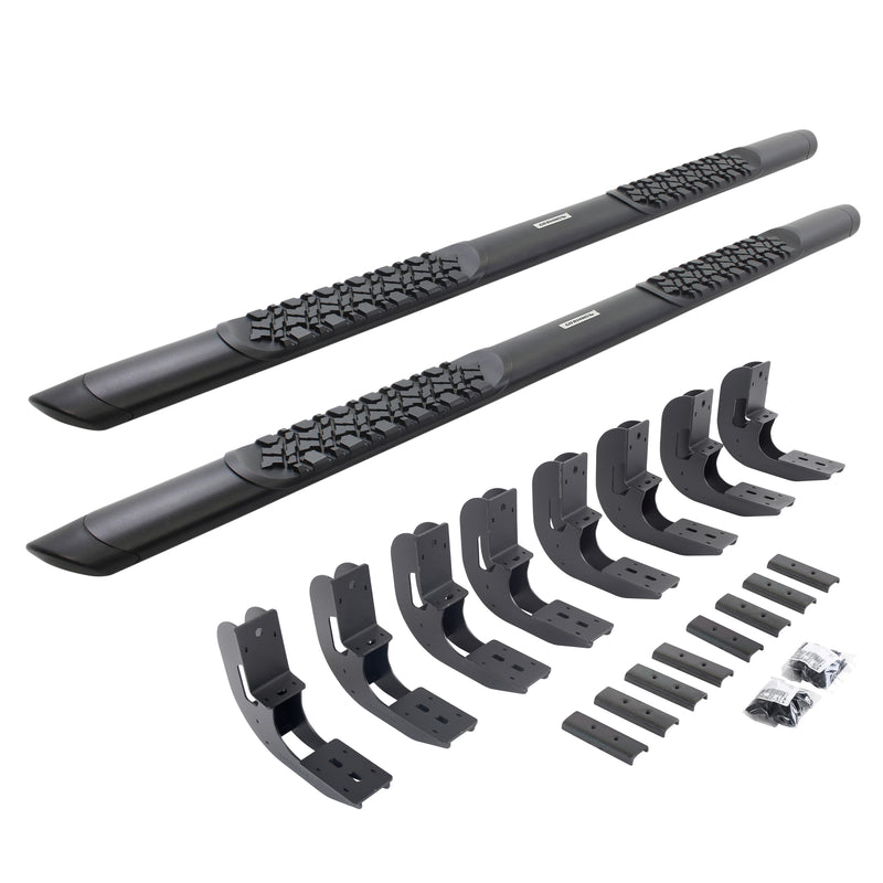 Go Rhino V-Series V3: pair of black side steps with tread pads, brackets and hardware on white