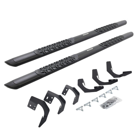 Go Rhino V-Series V3: pair of black side steps with tread pads, brackets and hardware on white