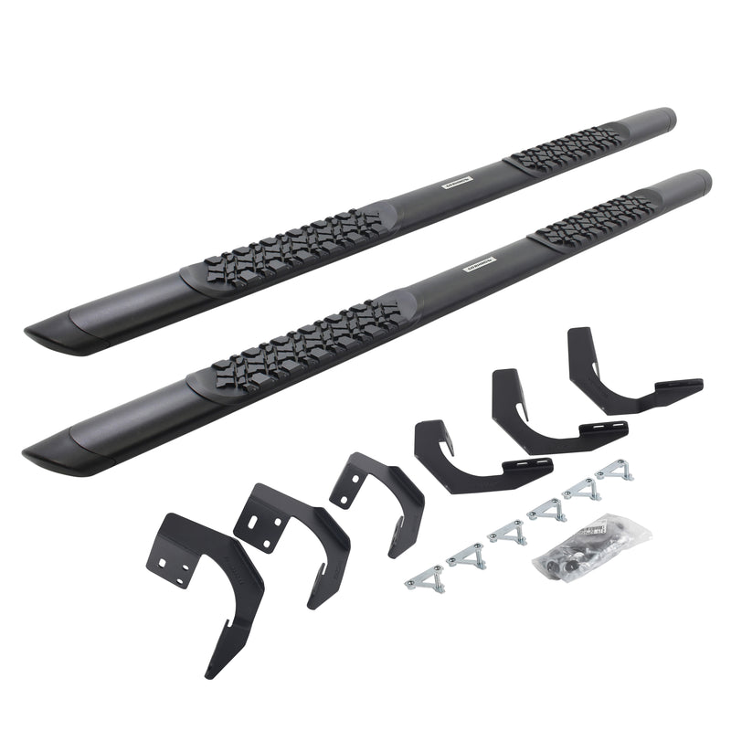 Go Rhino V-Series V3: pair of black side steps with tread pads, brackets and hardware on white