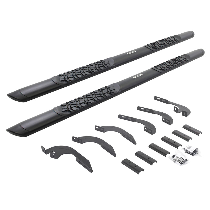 Go Rhino V-Series V3: pair of black side steps with tread pads, brackets and hardware on white