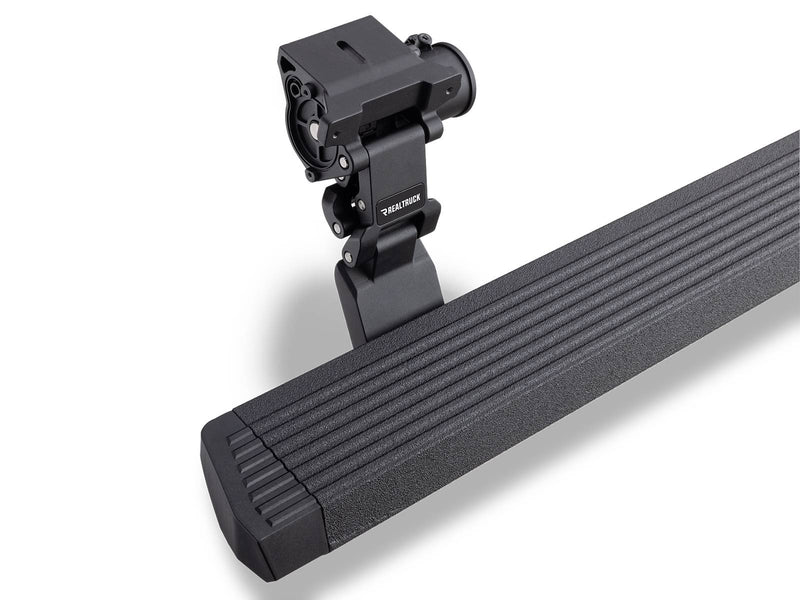 Go Rhino VoltStep: black power running board end with its motor and hinge arm on white