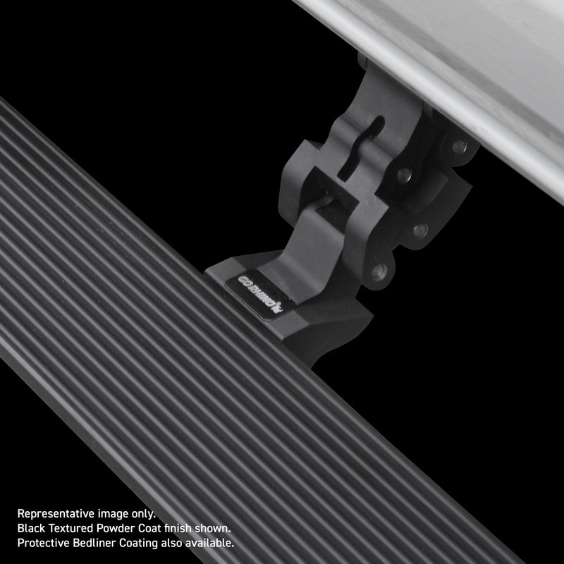 Go Rhino VoltStep: close-up of a black motorised linkage arm with GO RHINO lettering holding a ribbed step board, on black