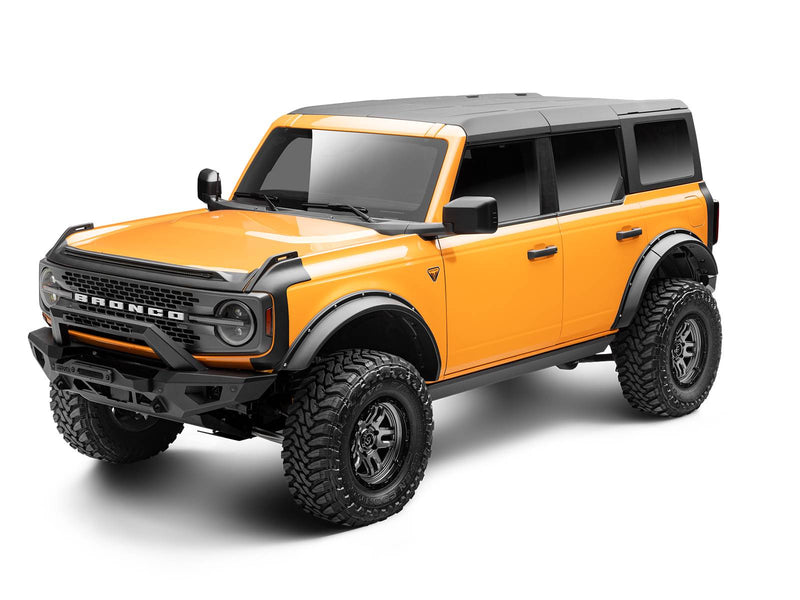 Go Rhino VoltStep: orange Ford Bronco 4-door with a black power running board tucked under the rocker, front three-quarter view (shown with aftermarket wheels and tires, not included)