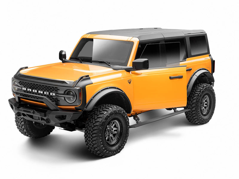 Go Rhino VoltStep: orange Ford Bronco 4-door with a black power running board tucked under the rocker, front three-quarter view (shown with aftermarket wheels and tires, not included)