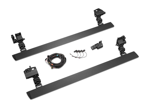 Go Rhino VoltStep: pair of black power running boards with motorized brackets and wiring harness on a white background