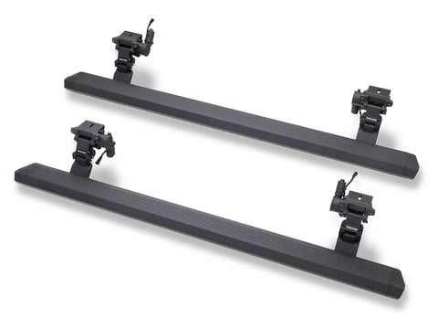 Go Rhino VoltStep: pair of black power running boards with motorized brackets on a white background