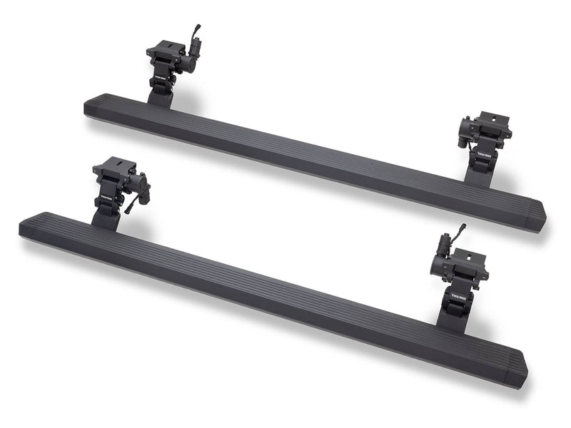 Go Rhino VoltStep: pair of black power running boards with motorized brackets on a white background