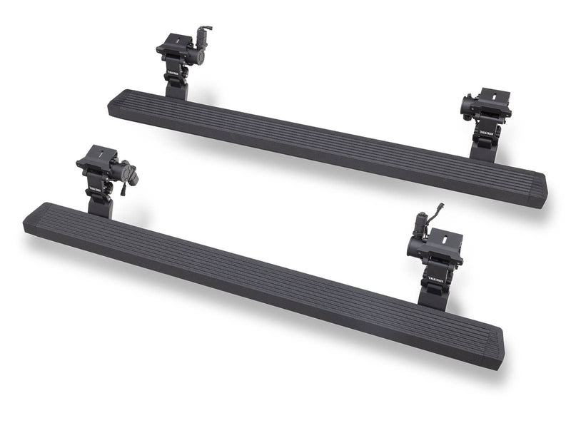 Go Rhino VoltStep: pair of textured black power running boards with hinge arms on white