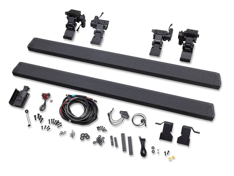 Go Rhino VoltStep: pair of textured black power running boards with hinge arms, wiring harness, brackets and hardware on white