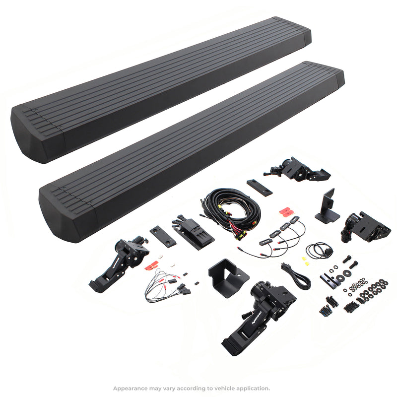 Go Rhino VoltStep: power running board kit on white: two shorter black ribbed step boards with motorised linkage arms, wiring harness, LED lights, brackets and hardware